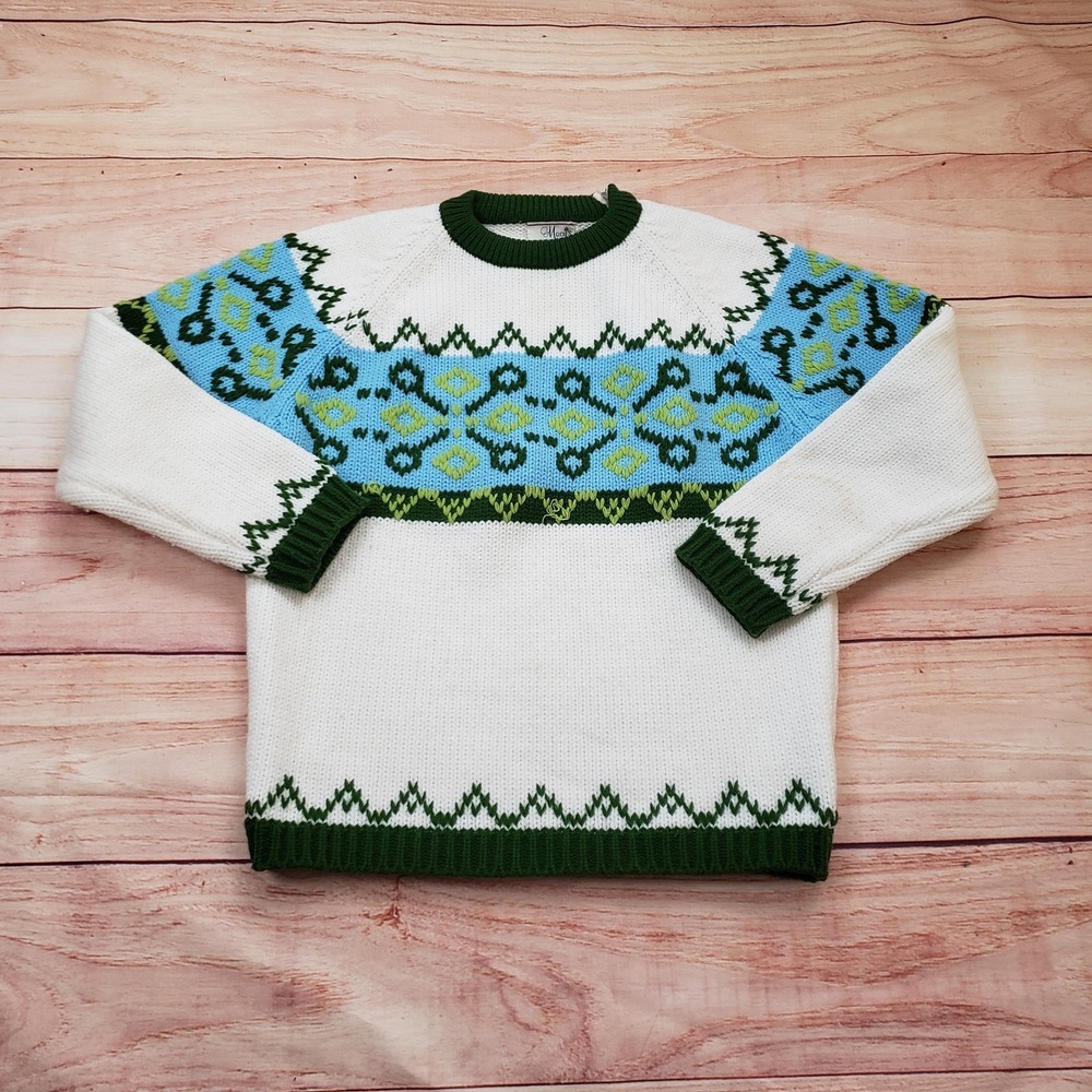 Vintage Macys Sweater Womens Medium White Blue Green Fair‎ Isle Knit 80s